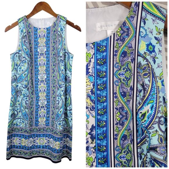 London Times Party Dress 4 Sheath blue Geometric Casual Floral Easter Spring - Picture 1 of 5
